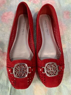 Christian Siriano Red Suede Perforated Flats with Silver Medallion